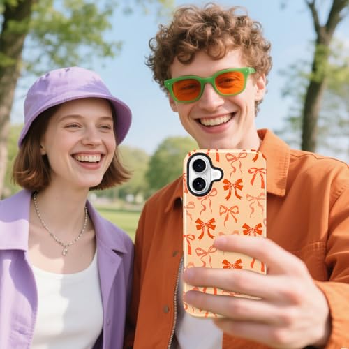 Image of Magnetic for iPhone 17 Case for Women Men, Orange Bow | Cute Ribbon Bow Pattern Design [Compatible with MagSafe] 2-Layer Hybrid Shockproof Glossy Protective Cover