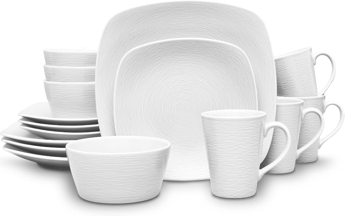 Noritake Colorscapes White-on-White Swirl 16-Piece Square Dinnerware Set, Service for 4