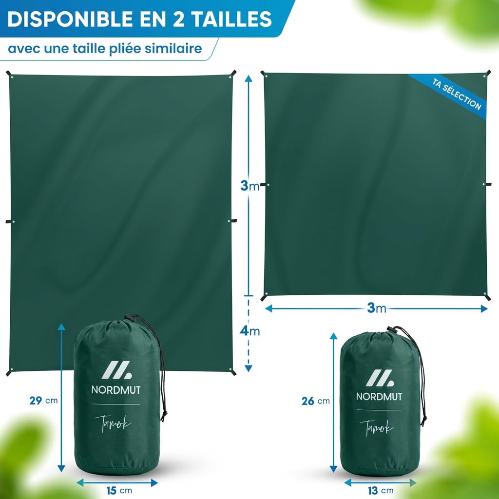 Bâche imperméable NORDMUT® 3x3m avec œillets pour camping et randonnée - Vert (300 x 300 cm)