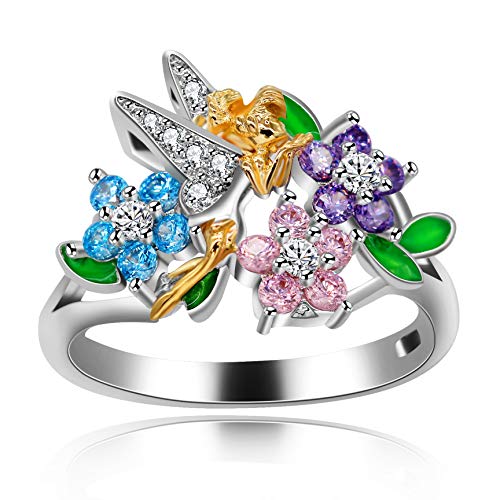 Uloveido Anillos de joyería de ángel de Flores Rosadas para niñas Anillos de Esmalte de Moda...