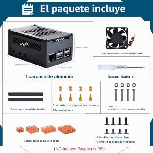 Carcasa de aluminio para Raspberry Pi 5 compatible con modelos de 4 GB y 8 GB GeeekPi 7