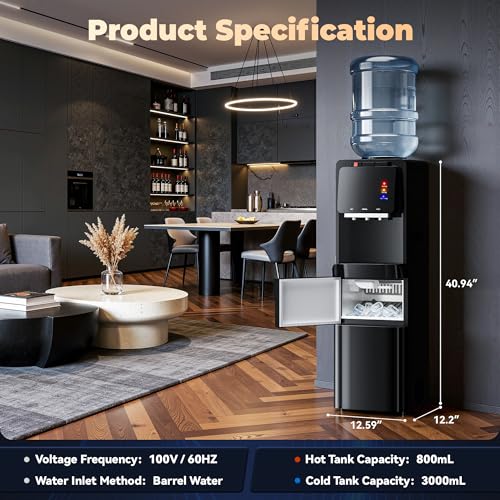 Image of Tehanld Water Dispenser with Ice Maker, 4-in-1 Top Loading Water Cooler with Hot, Cold & Room Temp Water, 35lbs /Day Fast Ice Making, Child Safety Lock, Fits 2-5 Gallon Bottles for Home & Office