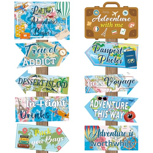 Image of 20 Pieces Travel Party Signs Travel Themed Party Decorations Let The Adventure Begin Sign Around the World Decorations Bon Voyage Party Wall Door Porch Yard Sign Travel Party Supplies