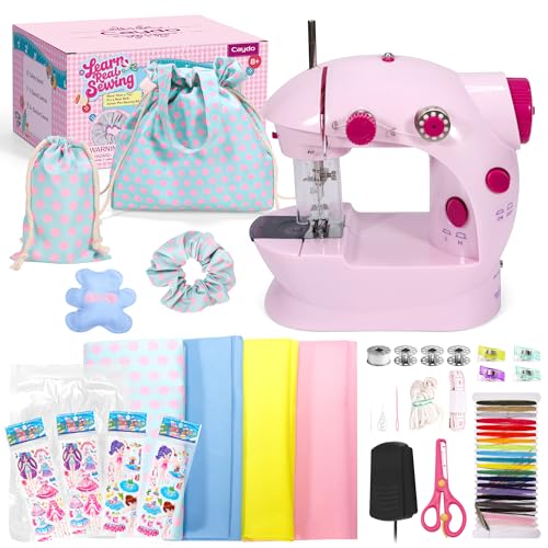 Caydo Macchina da Cucire Bambina, Mini Macchina da Cucire a Doppia Velocità per Bambini 8-12 Anni con Kit per Cucire, Tessuto, Pedale e Imbottitura per Corsi di Cucito