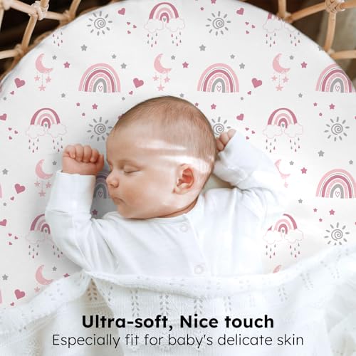 Image of Baby Bassinet Sheets, 3 Pack Fitted Bassinet Mattress Sheets, Compatible with Halo Bassinest Swivel Sleeper & Oval Hourglass Rectangle Mattress, Ultra Soft Pink Rainbow