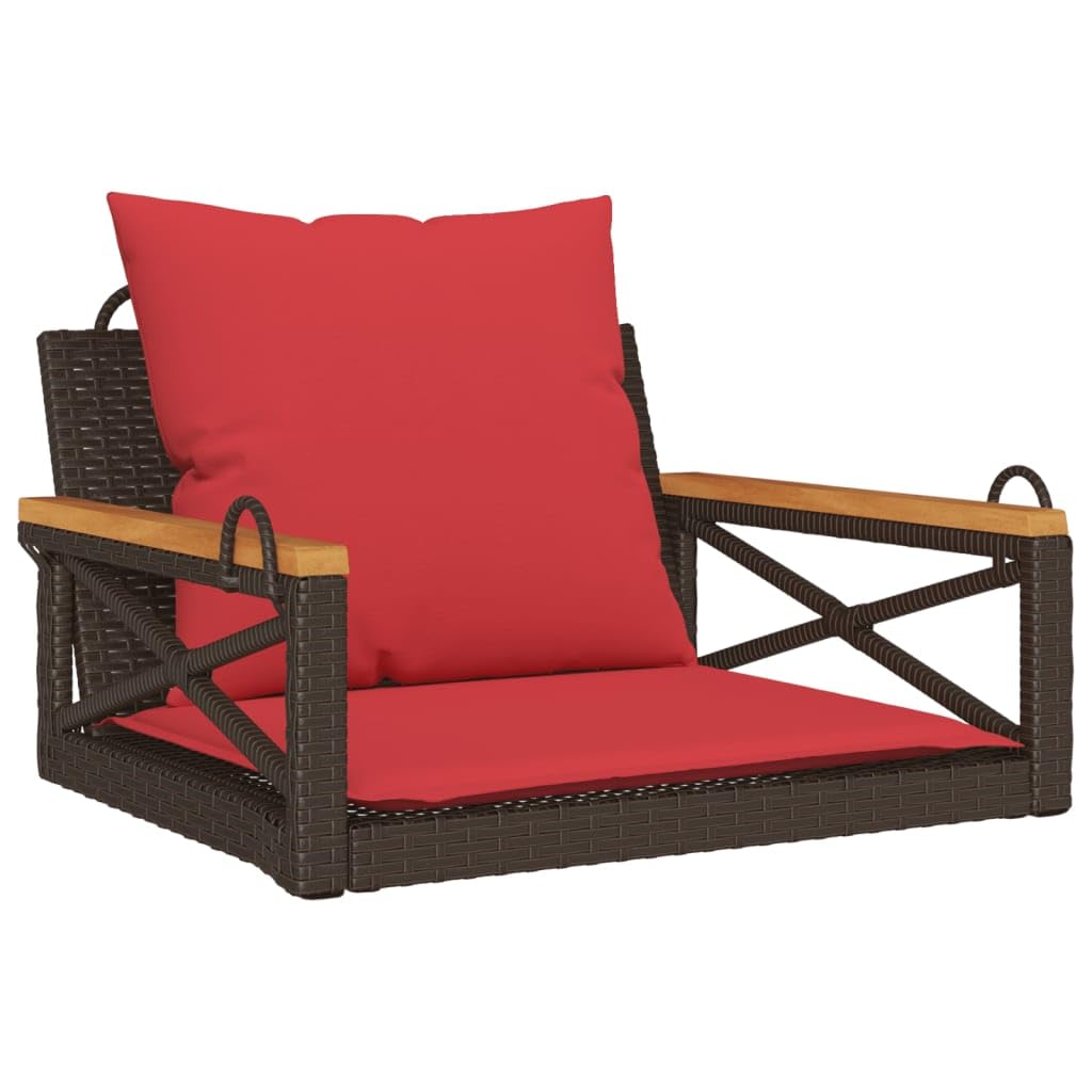 Poltrona sospesa da giardino e balcone, in rattan sintetico, con cuscino, telaio in acciaio verniciato a polvere, 63 x 62 x 40 cm, marrone (senza telaio e catene)