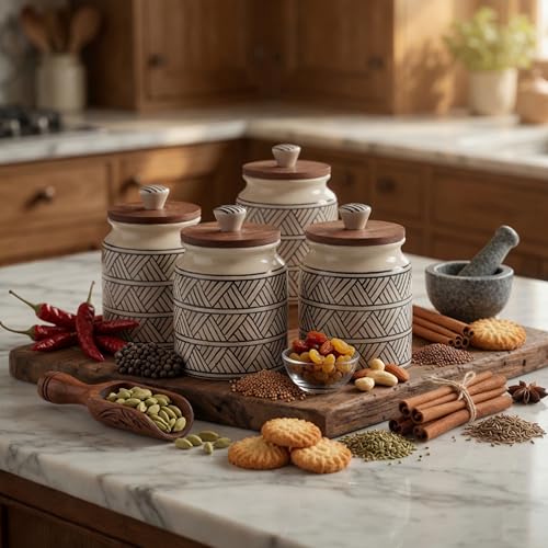 Image of Ceramic Jar & Container for Kitchen Storage Set | Multi Utility Air Tight Kitchen Organizer Items | Tea Coffee Sugar Containers with Wooden Lids (Hand-Painted, 460 ML, Pack of 4)