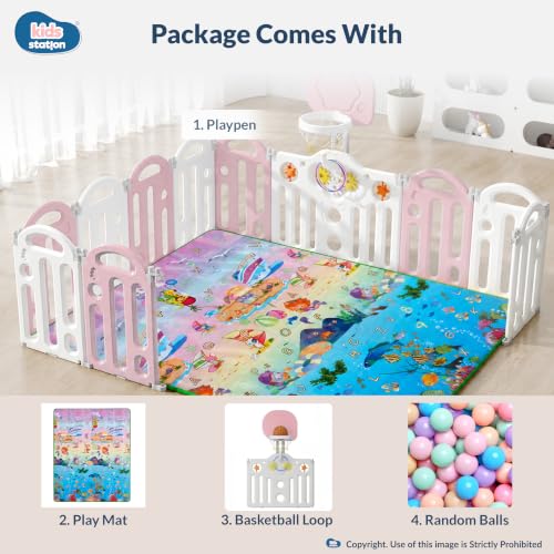 Image of Kids Station Bear Design Baby Play Yard with Playmat, Basketball Hoop & 20 Colourful Balls, Safe Playpen for Infants & Toddlers 150 x 180, Anti-Slip, Foldable Mesh Fence (Pink)
