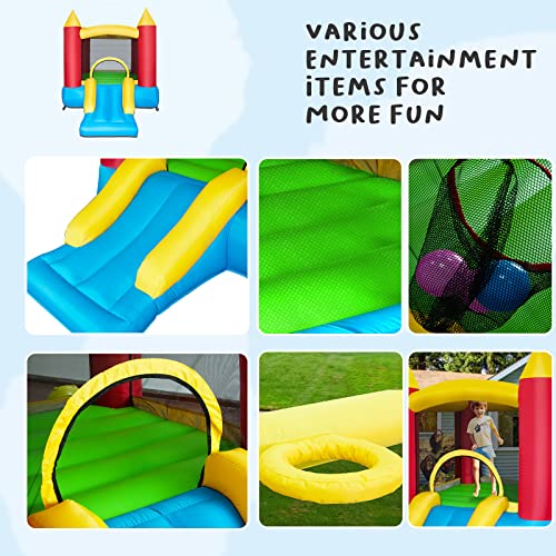 Inflatable Bouncer Castle Jumping Bounce Kids Playhouse Include Large Bouncing Area with Coated Jump Surface,Long Fun Slide,Basketball Hoop,Protective Net,Storage Bags,for Ages 3-6