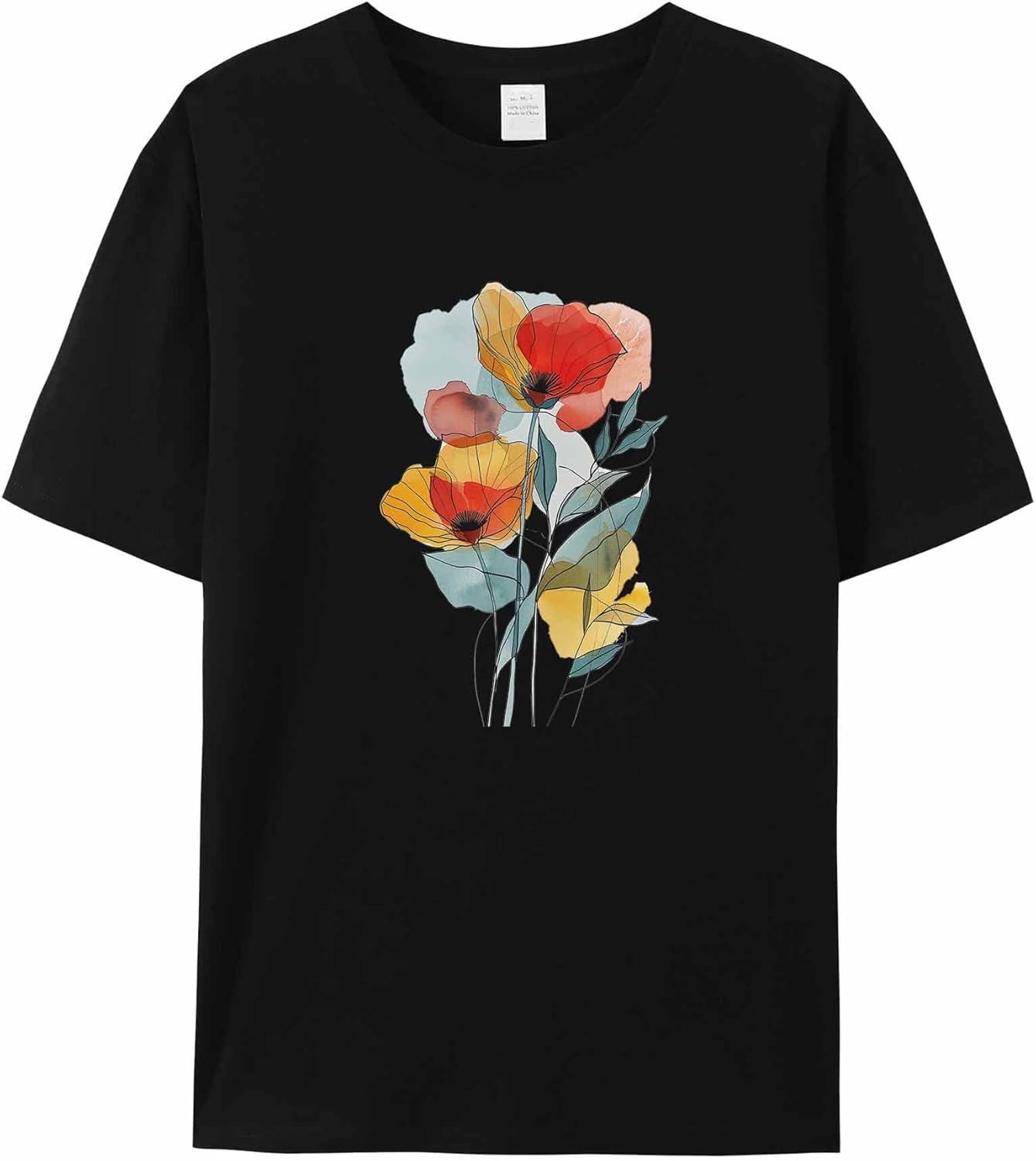 Women Graphic T-Shirt, Abstract Watercolor Poppies Classic-Fit Short Sleeve Crewneck Tees Summer Tops Black L