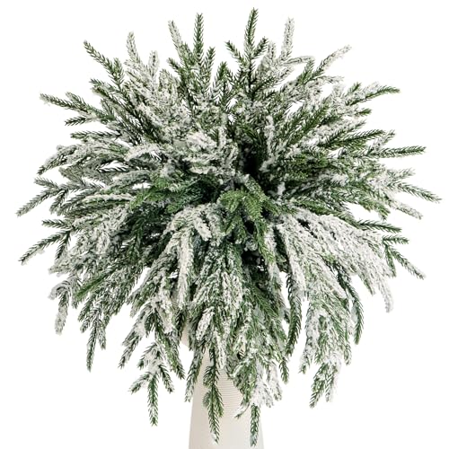 KKSTY 24 ramas de pino de Norfolk, 35 cm, tallos de pino de Norfolk de tacto real, flocados nevados, follaje de Navidad, ramas de pino artificial para hacer guirnaldas, rellenos de jarrones,