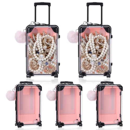 Gejoy 10 Pcs Mini Suitcase Party Favor Box with Plush Ball Keychains 7.48 x 3.15 x 1.97 Inches Empty Luggage Storage Box Clear Candy Packaging Containers for Baby Shower Travel Wedding (Pink)