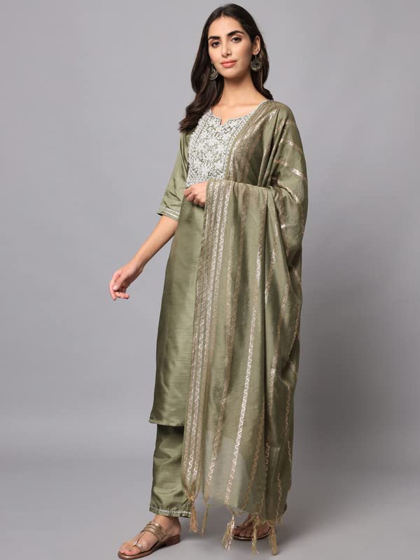 Image of VredeVogel Women's Chanderi Modal Butti Flare Kurta with Pant & Embroidered Chanderi Dupatta Set