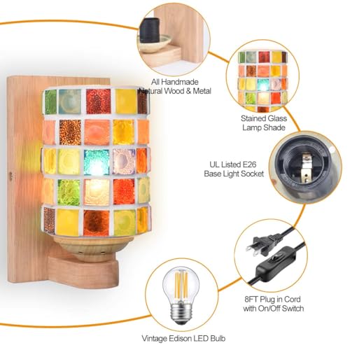 Image of Bedside Colored Mosaic Glass Wall Sconce, Handmade Mediterranean Bohemian Turkish Moroccan Wall Lamp Stained Glass Wall Light Fixtures for Bedroom Living Room Hallway Vanity Corridor Bulb Included