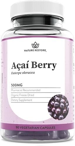 Nature Restore Suplemento orgánico de bayas de acai, liofilizado, 90 cápsulas de bayas de acai, sin OMG, sin gluten, vegano