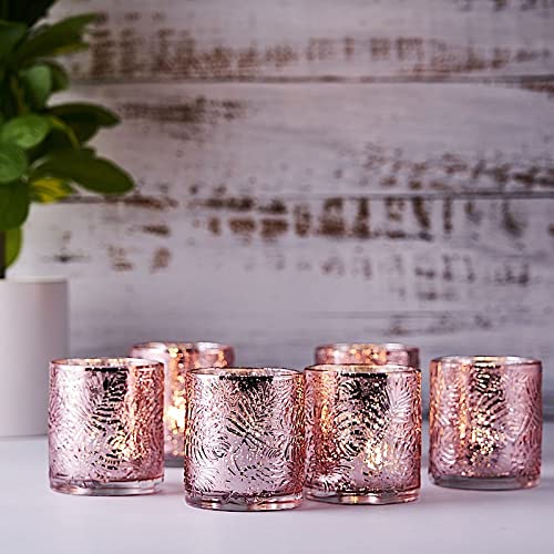 BalsaCircle 6 pcs 3 inch Blush Metallic Primrose Design Mercury Glass Votive Candle Holders Wedding Reception Events Centerpieces