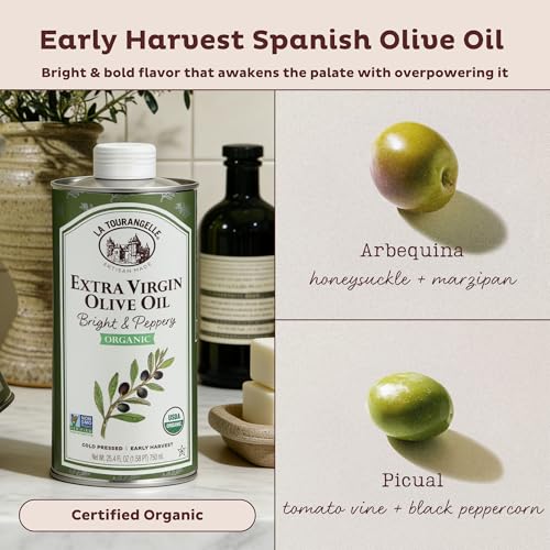 Image of La Tourangelle, Organic Extra Virgin Olive Oil, Cold-Pressed Early Harvest EVOO from Spain, Bright & Peppery, 33.8 fl oz (1 Liter) - Spanish with Polyphenols for Cooking, Drizzling, Marinades, and Dipping
