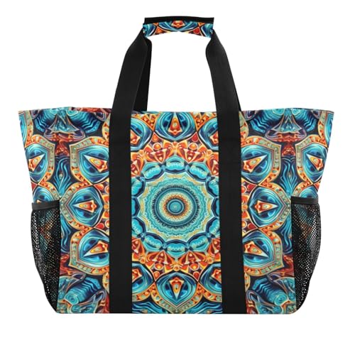 Orange Blue Mandala Large Beach Bag Waterproof Beach Tote Bags for Women Travel Gym Pool