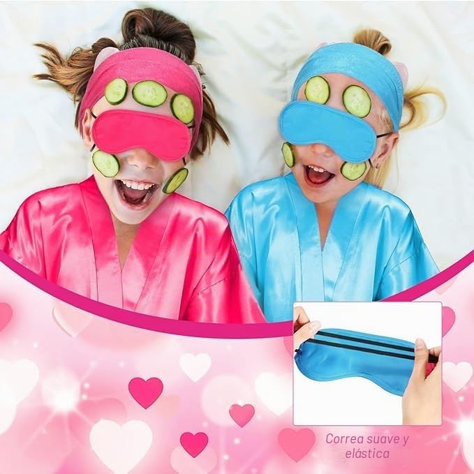 MSYU Juego de 30 piezas de suministros de fiesta de spa para niñas, batas de satén para fiestas de pijamas, suministros para fiestas de pijamas con diadema y venda para los ojos, regalo de cumpleaños