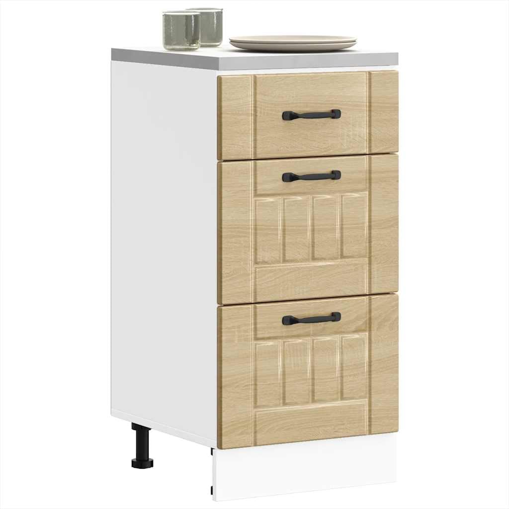 Lucca - Mobiletto da cucina in legno di rovere Sonoma, con vano portaoggetti, piedini regolabili, cassetto e porta, armadietto compatto per cucina, sala da pranzo, dispensa e organizer