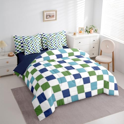 Image of Erosebridal Blue Green Checkered Comforter Set Full Size 7 Piece Navy Teal White Grids Plaid Bedding for Kids Boys Teen Men,Geometric Buffalo Gingham Bed in A Bag Modern Fashion Bed Set Room Decor