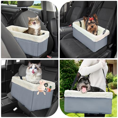 Hunde-Autositz für kleine Hunde und Katzen, Erhöhter Hundesitz für Hunde mit weichem Plüsch, Haustierautositz mit Metallrahmen für Vorder- und Rücksitz bis zu 5.4KG (Grau, Klein)