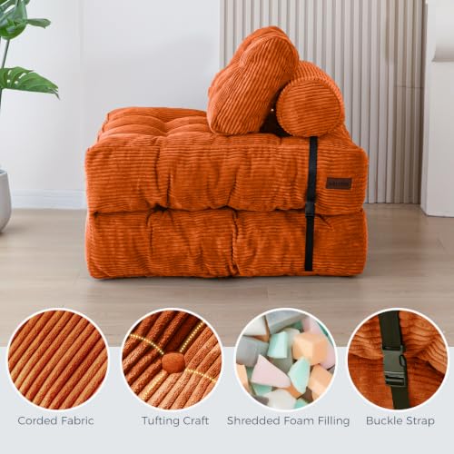 Image of MAXYOYO Folding Sofa Bed, Convertible Chair Bed with Pillow | Foldable Couch with Back Support, Portable Fold Out Chair Comfy Floor Sofa for Living Room Bedroom, New Orange, Single