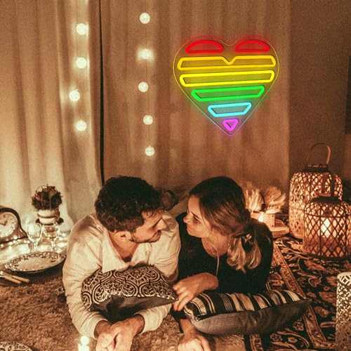 Image of ENUOLI Acrylic Heart Neon Sign Rainbow Heart Neon LED Light for Wall Decor | USB Powered Dimmable Decor Lamp,Rainbow Heart LED Night Light for Valentine's Day,Wedding,Birthday,Party,Club,Lover Gift