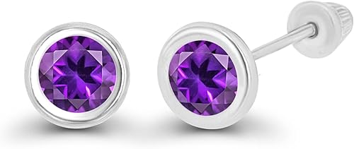 Miniatura 2 de Aretes de tuerca de oro macizo de 14 quilates, hipoalergénicos, de 0.157 in, con bisel de piedra natal auténtica, con cierre de tornillo