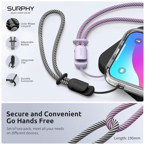 Image of SURPHY 2 Pack Phone Lanyard, Phone Wrist Strap for Case, Camera Wrist Strap | Ultra-Light 2-Color Braided Phone Strap, Cellphone Charm Strap, Anti-Lost Wrist Lanyard for Women and Men, Black Lilac