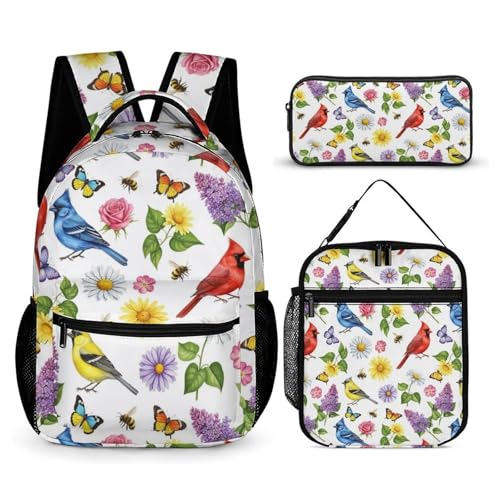 Backpack with Lunch Box & Cosmetic Bag Set Flowers Birds Bookbag Daypack Set Backpack with Lunch Bag Storage Bags