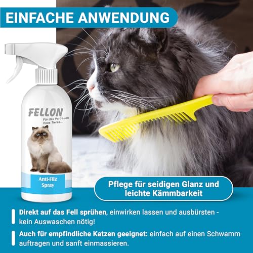 Fellon Anti-Filz für Katzen | Entfilzungsspray 500 ml | pH-neutral | Fellpflege für seidigen Glanz & leichte Kämmbarkeit | für alle Katzenrassen & Allergiker | Dermatologisch getestet
