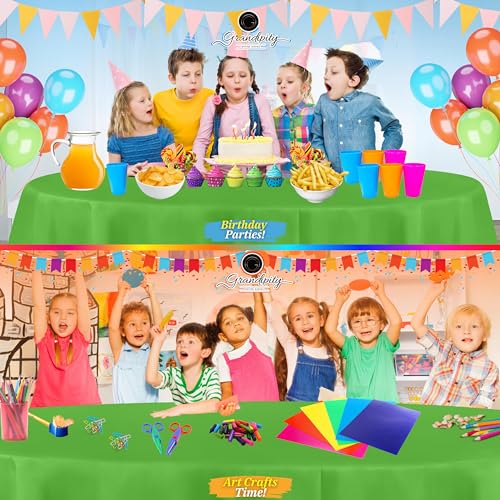Image of Grandipity Plastic Table Cloth Disposable 12 Pack 84 inch Round Lime Green | Plastic table covers, durable disposable tablecloths, fade and tear-resistent table cover for party, event