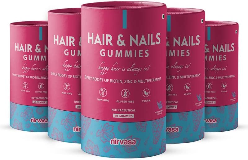 Nirvasa Hair & Nail Gummies with Biotin | Helps Keep Hair, Nail, Skin Healthy & Nourished | Ideal Supplement for Men & Women | Sugar-Free I Mixed Berries Flavoured - 60 Gummies Set of 5