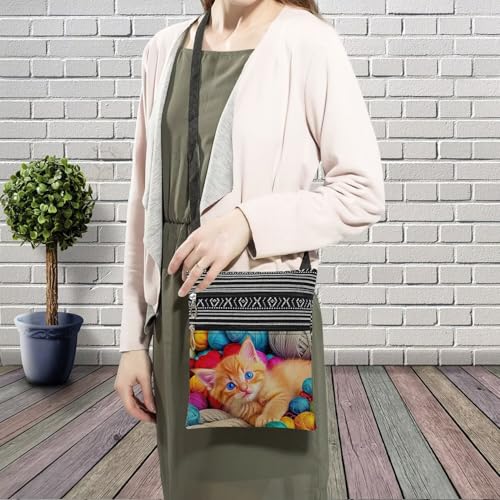 Yarn Ball Cat Messenger Bag Small Ethnic Pattern Printed Adjustable Strap Crossbody Zipper Pouch Yarn Ball Cat Phone Organizer Wallet Cute Shoulder Handbag for Women3