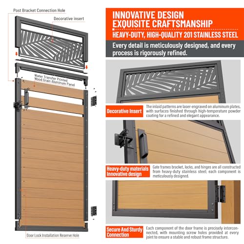 Uphode 3x6FT(34.8" x 70.8") 201 Stainless Steel Fence Gate Kit Heavy Duty, Anti Sag Metal Fence Gate Frame Kit with Board, Morden Garden Gate Hardware Kit Outdoor (Left/Right Free-Installation) by Uphode - Image 4