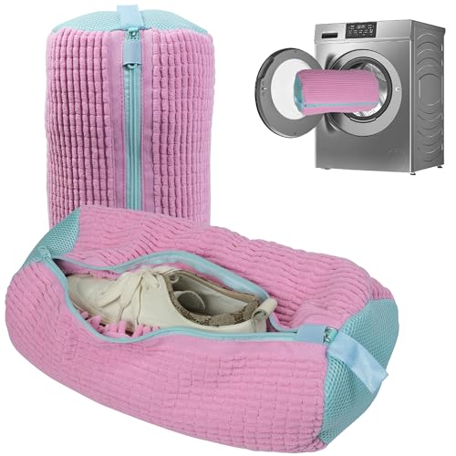 Aluusy Sac Lavage Chaussures Machine à Laver, 2 pièces Sacs à Linge pour Chaussures Large avec peluches de nettoyage, Sac de Lavage pour Chaussures réutilisable avec fermeture éclair (Rose)