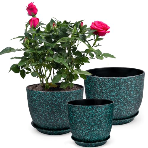 Image of TMBMLPP 3 pcs Plant Pots Indoor, Plant Pots, 20/23/25cm Black Plastic Plant Pots with Green Speckles, Flower Pots, Plastic Planters with Drainage Holes and Saucers, for House Plants, Flowers Plants