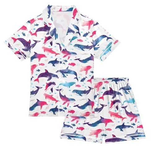 Charming Cartoon Whale Prints Summer Satin Pajama Set, Cute Button-Down Sleepwear Pj Set for Sleep Wears