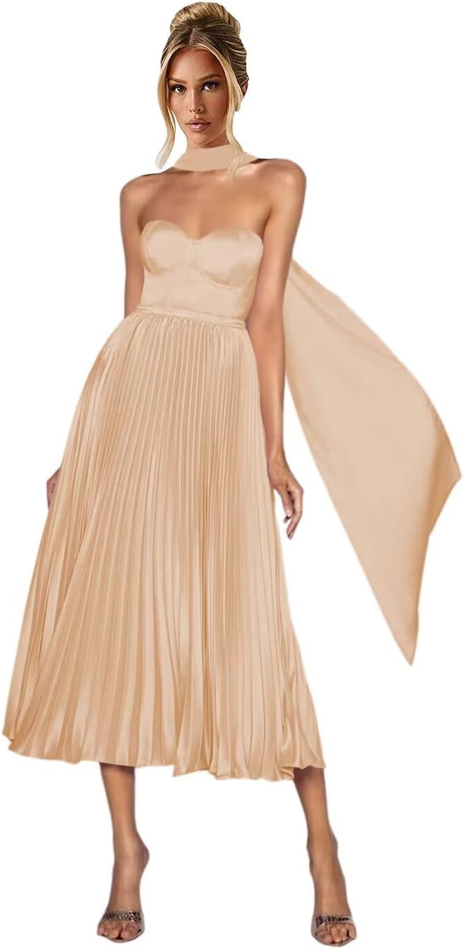 Stylefun Satin Strapeless Bridesmaid Dresses with Scraf Long Aline Pleated Formal Evening Party Gowns STN031