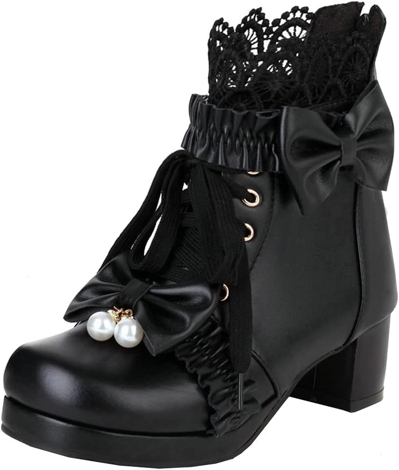 Meefit Women Platform Boots Lace Up Chunky Heel Ankle Boots with Bow Cosplay Winter Shoes