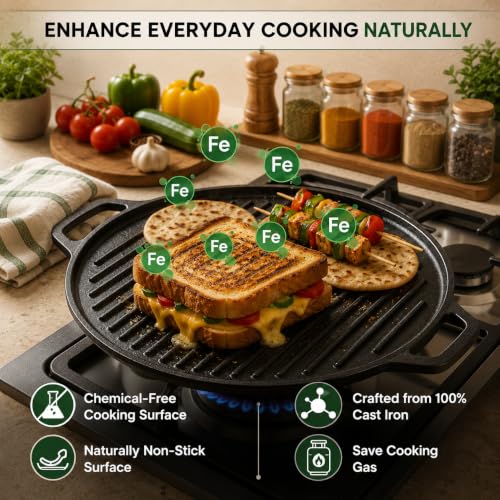 Image of Esspy Cast Iron 2-in-1 Dosa Tawa & Grill (30cm) | Double-Sided Tawa /Pan for Roti, Dosa, Chapati, Fish & Steak | Naturally Nonstick, Gas & Induction Cookware | Reversible Cooking