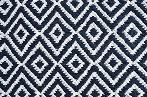 MDZ™ - Modern Decorative Zone - Hand Woven 100% Cotton Diamond Rug, for Bedroom, Living Room, Dining Room, Kids Room, Style - Modern, Size - 90 x 150 cm | Eco Friendly (Navy White)