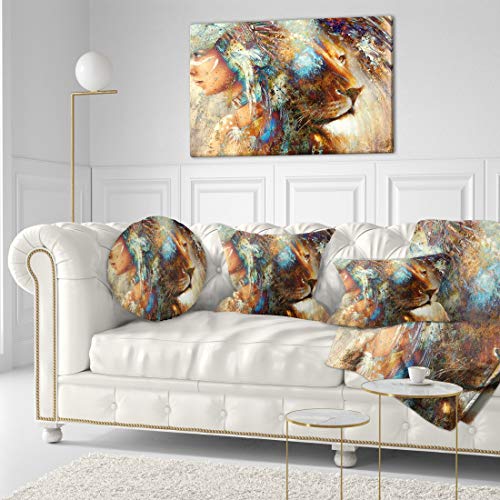 Designart Woman Collage with Lion-Indian Canvas Artwork-40x20, 40x20, Brown