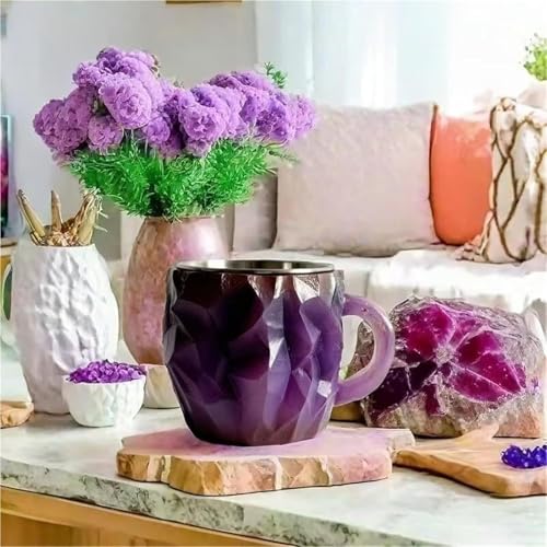 JHOMHF Taza De Café De Cristal Mineral 3D, Nueva Taza De Café De Cristal De Imitación, Taza De Café De Resina con Revestimiento De Acero Inoxidable 304(Purple)