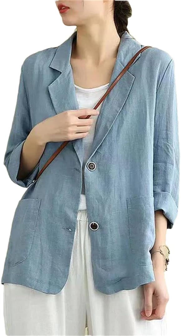 Women's Notched Cotton Linen Loose Casual Blazers Long Sleeve Solid Cardigan Suit Jacket