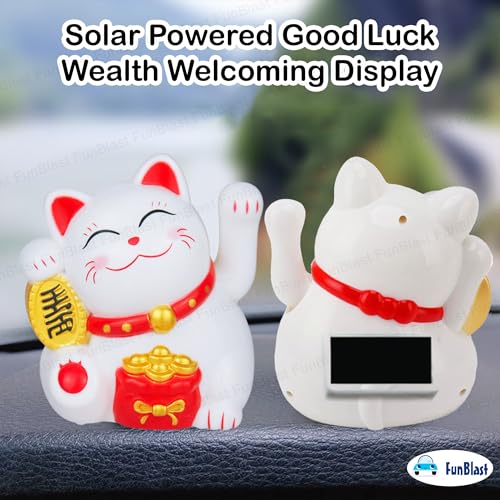 Image of FunBlast Plastic Maneki Neko Lucky Cat, Waving Arm Solar Powered Good Luck Wealth Welcoming Display Car Decor Paw Up with Arm, Decor Item for Home, Office and Car (White), 5 x 6 Cm