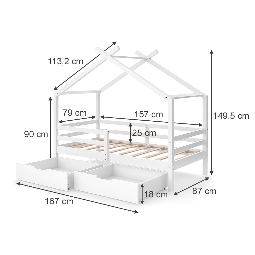 VitaliSpa Letto montessori bambini Luni, Bianco, 160 x 80 cm con box e materasso, come una piccola casa per un'atmosfera calda