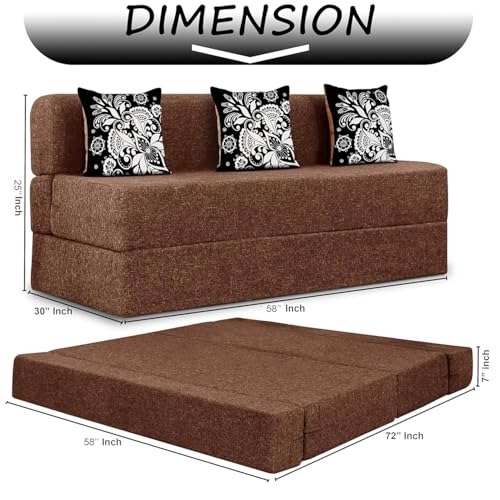 Image of Rosebell Three Seater Sofa Cum Bed | Jute Fabric Washable Cover | with 3 Printed Cushions Perfect for Guest | Brown | 5' X 6' Feet