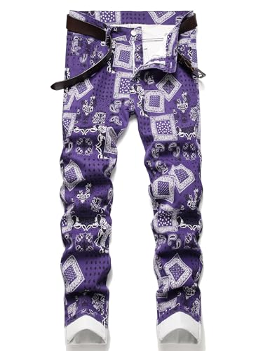 Mens Slim Fit Stretch Jeans Ripped Skinny Distressed Denim Pants (Purple Printed 96122-2 38)